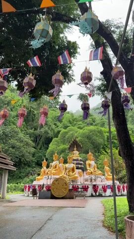 A static video shows an outdoor scene featuring multiple golden Buddha statues on a raised, ornate white and red platform. The central Buddha statue is larger and has a multi-headed Naga (cobra) behind it. Surrounding it are several smaller seated Buddha statues. In front of the platform is a large, golden Dharma wheel. The ground is a wet, paved path leading towards the statues. Overhead, strings of colorful paper lanterns and small Thai flags are suspended between trees. In the background, lush green, densely forested hills rise under an overcast sky. A part of a building is visible on the far left.