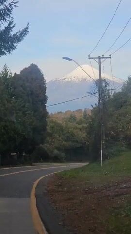 The video shows a road winding around trees with a snow-capped mountain in the distance. The road has yellow double lines and a small shoulder. There are tall trees on both sides of the road, along with utility poles and lines. The sky is mostly blue with some thin white clouds. A sign is visible on the left side of the road. The video is taken from a moving vehicle.