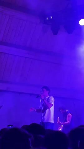 The video shows a concert or live music event taking place outdoors at night. The first two clips show a male singer on stage performing under purple lighting. He is wearing a white t-shirt and holding a microphone. There is another performer on stage behind him playing a guitar. A crowd of people is visible in the foreground, with some holding up their phones. The stage has a wooden roof structure and lighting equipment is visible overhead. The subsequent clips show a blurred view of the crowd from a lower angle, with trees and tents in the background. There are also colored lights, green and red, illuminating the trees. The overall atmosphere appears to be that of a festive outdoor gathering.