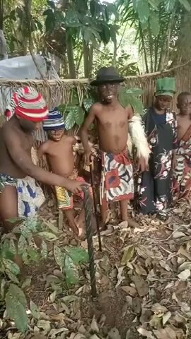 The video shows five people standing outside in a wooded area.  Four appear to be children.  All are barefoot and wear hats. Three of the children are shirtless, with fabric wrapped around their waists. The fourth child wears a floral dress.  The fifth person also wears a similar floral dress and is standing next to the fourth child.  The children appear to be performing some kind of act or play.  The area around them is covered with leaves and foliage. A bamboo-like fence is behind the group.