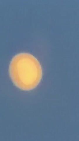 The video shows a blurry, yellow, orb-like object against a blue background. In some frames, the background appears to be a blurry green with a white stripe. The object is consistently present and appears to be moving slightly within the frame. No people or other discernible objects are visible. The lighting is bright, suggesting daytime. The quality of the video is low, with significant motion blur and pixelation.