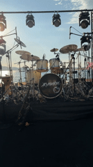 Russian band equipment staged for oceanside performance in Bodrum