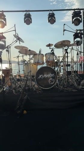 Russian band equipment staged for oceanside performance in Bodrum