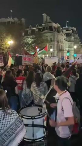 The video shows a large crowd of people protesting in a city street at night. The protesters are carrying Palestinian flags and banners, and a person is playing a drum. The buildings in the background are lit up, and there are streetlights illuminating the scene. The crowd appears to be chanting and engaged in a lively demonstration.