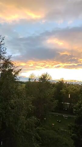 The video shows a view from a window overlooking a green landscape under a sky with clouds lit by the setting sun. The sky has streaks of orange and yellow, indicating sunset. In the foreground, there are trees with dark green leaves. Below the trees, there is a patch of grass with some white objects that appear to be picnic tables or benches. In the distance, there are more trees and some structures that suggest a town or city. The video is static with no movement.