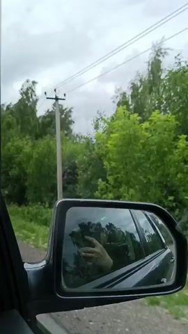 This video shows a view from inside a car, looking out the side mirror. The mirror reflects the person holding the camera, who appears to be a young person with light skin and short dark hair, wearing a dark t-shirt. They are holding a smartphone, presumably to record the video. The car is driving on a dirt road through a lush green forest. Tall trees with dense foliage line the road, and the sky is overcast with white clouds. The overall impression is a drive through a natural landscape on a cloudy day. There is no visible text in the video.