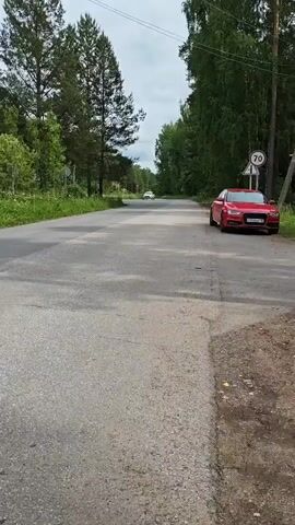 The video begins with a stationary shot of a road bordered by trees on both sides. A red car is parked on the right side of the road. In the distance, another car is visible driving away from the camera. The camera then pans to the left, showing a power line pylon and a red and white chevron sign indicating a sharp curve to the right. The shot continues to pan, revealing more trees and vegetation along the roadside. The sky is overcast. The video appears to be shot from a stationary position on the side of the road.