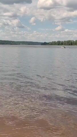 A video shows a body of water with a sandy shore in the foreground. In the background, there is a treeline and a hazy horizon. A small white boat with two people is visible on the water. The sky is partially cloudy.
