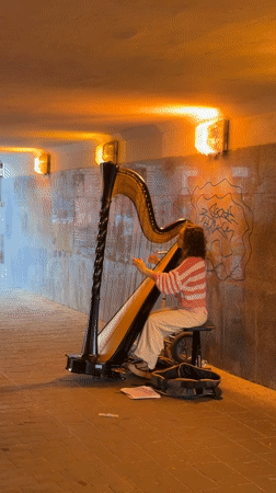 Harp performance echoes through a Khimki tunnel