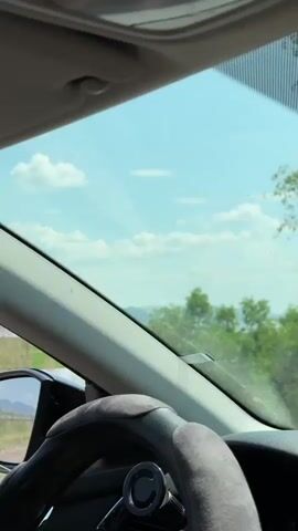 This is a first-person perspective video from inside a car. The camera is looking forward and slightly to the left. We see the car's interior, including the roof lining, a sun visor, and part of the steering wheel. Through the windshield, we can see a bright sky with some clouds and green trees. To the left, through the side window, there is a mirror reflecting a landscape with mountains in the distance. The car appears to be moving. The audio contains a brief snippet of a female voice speaking Russian, saying "We got lost".