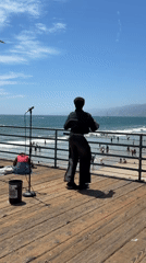 Live street performance on the Santa Monica Pier, July evening.