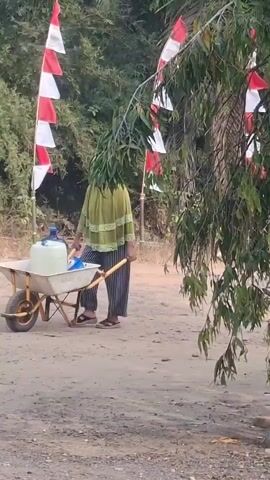 A person wearing a green hijab and striped pants pushes a wheelbarrow containing two large water jugs on a dirt path. Red and white flags are visible in the background, along with trees and foliage. The person is walking from left to right in the frame.