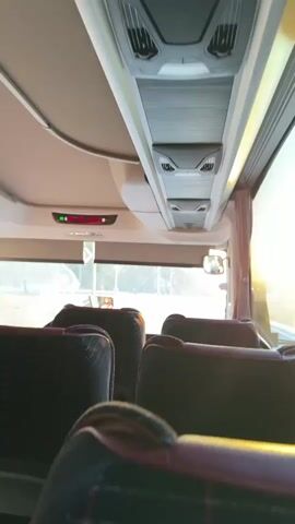 The video provides an interior view of a bus traveling on a road at sunrise. The camera is positioned to show several rows of empty seats with dark upholstery and a red trim. Above the seats, there are overhead compartments with air vents and lighting. The bus has curtains drawn partially open, revealing a view of the exterior. Sunlight streams through the window, casting a warm glow and lens flares. Outside, a road is visible curving ahead, with trees and landscape on either side. The sun is low in the sky, indicating sunrise. The overall atmosphere is peaceful and serene, capturing the beauty of a new day from the perspective of a traveler.