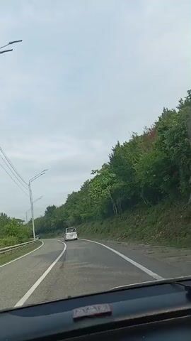 The video shows a view from inside a car driving on a road. The road is paved and has white lane markings. There are trees and greenery on the right side of the road, and a metal guardrail on the left. Several cars are visible on the road, including a white van and a black SUV. There are also utility poles with power lines and streetlights along the side of the road. The sky is overcast.