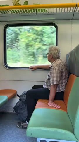 A person with gray hair and glasses sits by a window on a train, looking out at blurred green trees. The person is wearing a plaid shirt and dark pants. A backpack is on the floor next to them. The seats on the train are orange and green. The overall impression is one of travel.