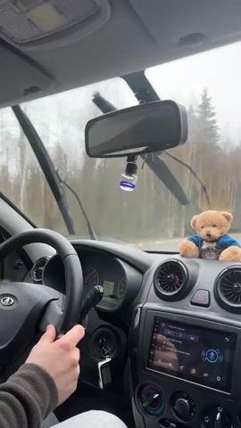 A person is driving a car on a rainy day. The windshield wipers are on, and a teddy bear sits on the dashboard. The radio is playing music. The road is wet, and trees line the side of the road.
