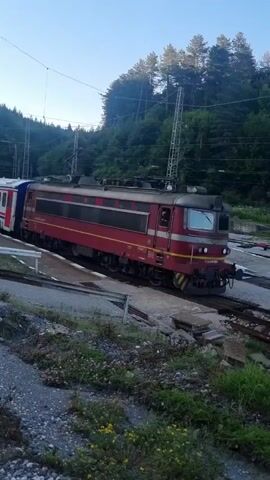 A red and yellow electric locomotive is coupled to a train of passenger cars. The train is stopped at a station in a mountainous, forested area. The sky is clear and blue. The camera pans from the locomotive to the passenger cars. There are no people visible in the video.