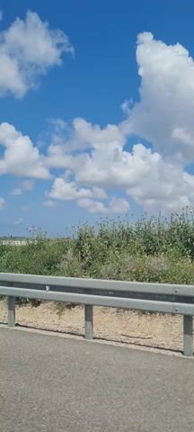 The video shows a roadside view from a moving vehicle, probably a car. The sky is blue with puffy white clouds, occupying the left side of the frame. To the right, a grassy field stretches into the distance, bordering the road. A metal guardrail runs parallel to the road, separating it from the field. The asphalt road surface is visible on the right edge of the frame. The camera seems to be inside the vehicle, looking out the side window.