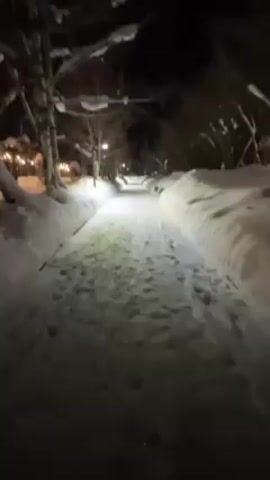 The video shows a snowy path at night. The path is illuminated by streetlights and covered in footprints. Snowbanks line the sides of the path. Bare trees are visible on either side of the path. The camera is moving forward along the path.