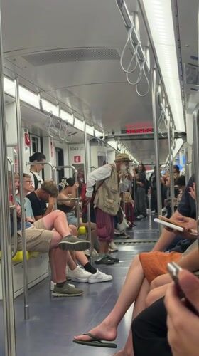 Colorfully dressed passenger stands in a Milan train car