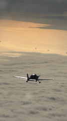 Small planes fly in formation above clouds at golden hour
