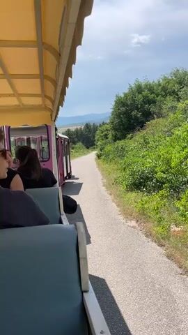 The video shows a view from the back of an open-air train car. In the foreground, the blue seat of the train car is visible. A person's arm, with their hand open and palm facing upwards, extends out of the frame towards the right. Behind this arm, a young person with dark hair is seated in the train car, wearing a black t-shirt. Further back in the train car, another person with dark hair is visible. The train is moving along a paved path that curves to the left, bordered by lush green vegetation and trees on the right. In the distance, rolling hills and a hazy sky are visible. The overall scene depicts a scenic journey on a train.