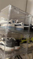 Organized shoe collection displayed in clear storage unit
