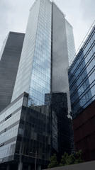 Glass towers and a passing tram in an urban downtown