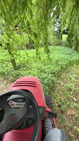 The video shows a first-person perspective of someone riding a red lawn tractor through a grassy, overgrown area. The rider is cutting the grass, and the blades of grass are visible being thrown up by the mower. Trees and bushes surround the area, and in the background, there appears to be a building or structure. The scene is outdoors and appears to be daytime, though the sky is overcast.