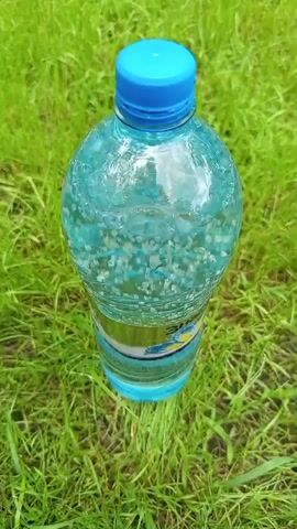 A close-up shot shows a clear plastic bottle filled with light blue liquid and bubbles, with a blue cap. The bottle is sitting upright on vibrant green grass. The lighting suggests it is daytime, and the greenery indicates an outdoor setting, possibly a park or garden. The focus is solely on the bottle and its immediate surroundings. There is a label on the bottle, but the text is illegible due to the resolution and focus. The overall impression is one of simple still life photography. There are no people, animals, or other significant objects in the frame. The weather appears to be clear and sunny, with the bright green grass suggesting a pleasant day. The scene is static, with no discernible activity taking place.