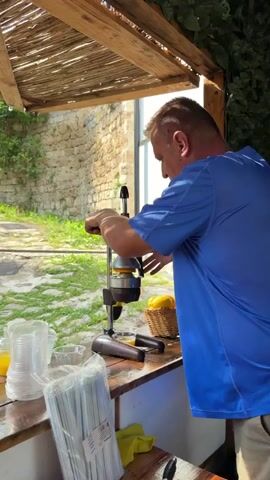 In Jajce, Bosnia and Herzegovina, a man in a bright blue shirt is shown from the chest up, intently operating a manual citrus juicer. He is positioned at a wooden counter, under a rustic, thatched roof. To his right, a woven basket holds several yellow citrus fruits, likely lemons or oranges, ready for juicing. In the foreground, stacks of clear plastic cups and packs of white straws are neatly arranged, suggesting a small food or drink stand. The background reveals a stone wall and green foliage, indicating an outdoor setting, possibly a market or a scenic spot. The sunlight suggests it is daytime. The man's focused expression implies he is diligently preparing fresh juice for customers. The scene conveys a sense of simple, fresh preparation in a charming, possibly historical, environment.