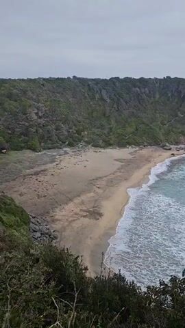 From an elevated viewpoint, the camera captures a scenic coastal view. The scene features a sandy beach nestled within a cove, bordered by lush green vegetation on the surrounding cliffs. The water transitions from a turquoise hue near the shore to a deeper blue further out. Gentle waves roll onto the beach, creating white foam as they break. The sky is overcast, contributing to a subdued lighting across the landscape. The composition is predominantly natural, with no apparent human presence or artificial structures visible.