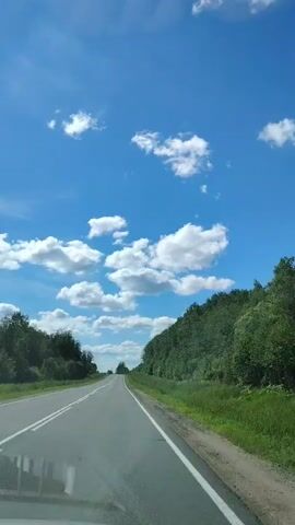 The video shows a view from inside a car driving on a straight, paved road. The road has white lane markings. On either side of the road are dense green trees, with a clear blue sky and scattered white clouds above. The sun appears to be shining brightly, indicating it is daytime. The overall mood is peaceful and serene, suggesting a leisurely drive through a natural landscape. There is no visible text in the video. The location context provided is "Нелазское, Russia".