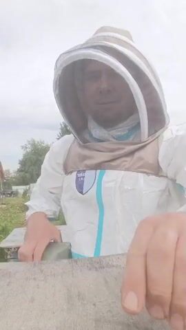 A beekeeper in a white protective suit and veiled hood holds a smoker that is emitting smoke. The beekeeper is standing in front of a wooden surface. The background shows trees and a cloudy sky. The beekeeper is in the process of using the smoker, likely to calm the bees.
