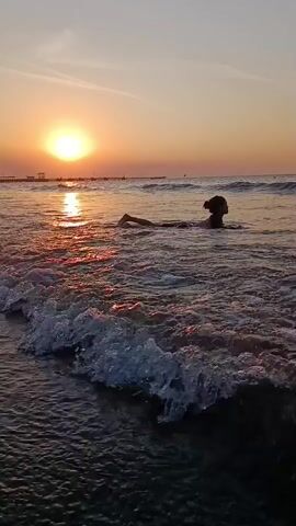A person is swimming in the ocean during sunset. The sun is low on the horizon, casting a warm glow over the water. The waves are gentle, and the sky is a mix of orange, pink, and purple hues. The person appears to be enjoying the peaceful moment.