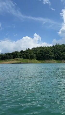 A video captures a view from a boat on a body of water. The water is a clear, turquoise-blue with gentle ripples. In the distance, a lush green hillside covered in trees slopes down to the water's edge. Beyond the trees, rolling hills stretch towards a bright blue sky filled with scattered white clouds. The scene appears serene and natural, suggesting a peaceful outdoor environment, possibly a lake or a calm river.