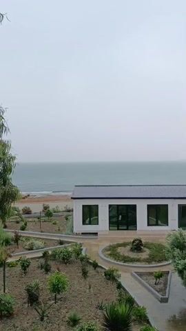 The video shows a modern, white building with a dark roof, situated near a body of water, likely the sea. The building has large, dark-framed windows, some of which reflect the sky and surrounding environment. In front of the building, there is a landscaped garden with pathways, trees, and various plants. The weather appears overcast or foggy, as the sky is a uniform grey and the distant horizon is indistinct. The water is a calm, muted blue-green. The overall scene is one of a tranquil, possibly remote, coastal setting.