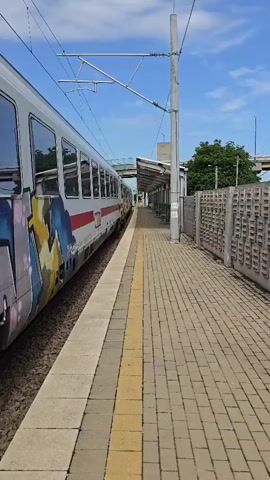 The camera shows a view of a train stopped at a train station from the platform. The train is white with red and gray details, and it is covered in graffiti. The platform is made of brick and there is a yellow safety strip marking the edge. There is a covered waiting area with benches. The sky is blue and there are some trees visible in the background. The camera does not move.
