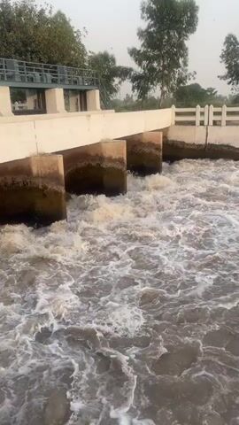The video shows a concrete bridge or weir spanning a body of water, likely a canal or river, in Samundri, Pakistan. Water rushes forcefully through multiple arches or gates beneath the structure, creating significant turbulence and white foam on the surface. To the left, a structure with pipes or machinery is visible on top of the bridge. On the right, a white picket fence runs along the bank of the water. The background features several tall, leafy trees against an overcast or hazy sky, suggesting daytime. No people are visible in the scene.