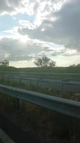 The video shows a roadside view from a moving vehicle, likely a car. The camera is positioned to capture the scene through a window, with a metal guardrail in the foreground. Beyond the guardrail, there are two parallel concrete barriers, indicating a highway or divided road. Tall grass and weeds grow along the sides of the road. The sky is partly cloudy with the sun shining through, creating a bright, diffused light. The landscape in the distance appears to be flat, with scattered trees and vegetation. The overall impression is of a rural or suburban environment during daylight hours.