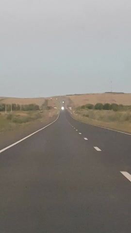 The media file depicts a long, empty, asphalt road stretching into the distance, bordered by a sparse, grassy landscape. The road is marked with white dashed lines and a solid white line on the right edge. In the distance, the road appears to curve slightly to the left, and two bright lights are visible, possibly headlights of an approaching vehicle or streetlights. The sky is overcast, suggesting a cloudy or hazy day. The overall scene conveys a sense of isolation and vastness, characteristic of a rural or steppe environment. There is no visible text in the media file. The setting appears to be Üşaral, Kazakhstan, as indicated by the provided location context.