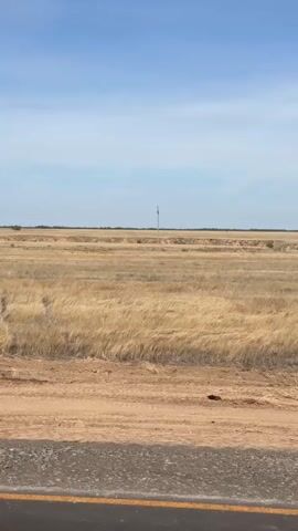 A static, eye-level shot captures a vast, dry, grassy plain under a bright blue sky with scattered white clouds. A dirt road is visible in the foreground, with a paved road edge on the bottom. A tall, thin pole with a small flag at its tip stands in the distance, near the horizon, amidst the dry grass. The landscape appears arid and desolate, suggesting a rural or remote location. No people or animals are visible in the frame. The overall impression is one of an empty, open expanse under a clear sky.