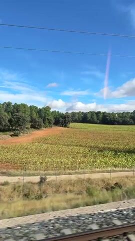 The video shows a view from a moving train, with a landscape passing by. The sky is blue with scattered clouds. There are trees and fields visible outside the window. In the foreground, there are train tracks. A tall pole with two black cylindrical objects and electrical wires is also visible. The landscape appears to be rural, with vegetation and possibly agricultural fields. The camera is angled slightly downwards, capturing the ground and the tracks. The lighting suggests it is daytime, likely sunny.
