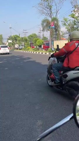 The video shows a person riding a white scooter on a paved road. The rider is wearing a red jacket and a white helmet. The scooter has a black bag attached to the front. The rider is moving away from the camera. The road is lined with trees and utility poles. In the background, there are several cars and a red truck. The sky is blue and clear. The sun is shining, casting shadows on the road. The overall environment appears to be an urban or suburban area.