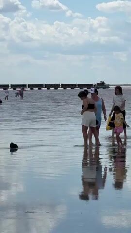A group of four people, three adults and one child, walk through shallow water. The three adults are a woman wearing a light blue dress and a white baseball cap, a woman in a black bikini top and a white skirt, and a person with long curly hair wearing a white top. The child is wearing a yellow and pink outfit. A fifth person, a woman in a white dress, stands to the right, holding up a phone to take a picture. In the distance, a train with many cars travels across a bridge that spans the water, which appears to be pinkish in color. The sky is blue with fluffy white clouds. The water is very still, creating reflections of the people and the sky. There is a black object, possibly a hat or ball, floating in the water to the left of the group.