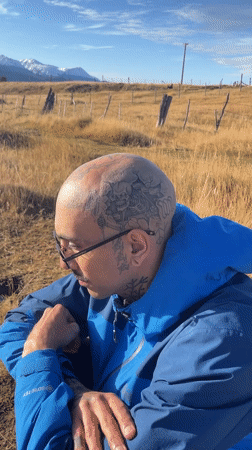 Man displays elaborate skull tattoo in Ushuaia, Argentina