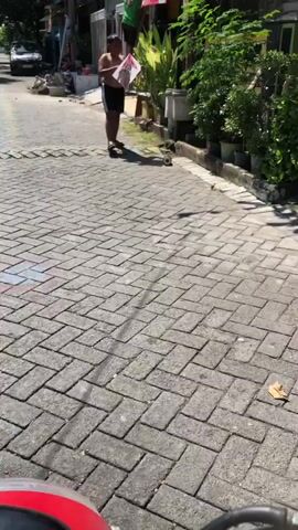 A person wearing a green shirt and black shorts is standing on a cobblestone path, holding a white and pink plastic bag. They are walking away from the camera towards a building with a red sign and green plants. The environment appears to be an outdoor urban setting.
