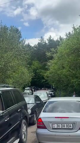 The video shows a traffic jam on a road lined with green trees. The cars are packed closely together and include a black SUV, a dark gray sedan, and a silver Mercedes-Benz with license plate "36 DA 804". In the distance, a small group of people are visible. The sky is partly cloudy.