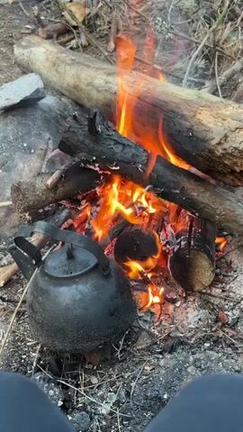 A close-up shot shows a campfire with logs burning brightly and flames leaping upward. A black teapot sits on the ground to the left of the fire, its handle visible. The ground around the fire is covered with dirt, ash, and small twigs. In the foreground, a person's dark-colored pants are visible, suggesting they are sitting near the fire. The background is out of focus, showing more logs and vegetation, indicating an outdoor setting.