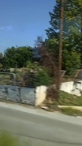 The video is a first-person perspective, likely from a moving vehicle, showing a passing street scene. The environment appears to be a mix of residential and commercial properties. In the initial frames, there are trees and a white wall. As the video progresses, a multi-story white building with balconies is visible, along with cars on a road. Further along, another building with large windows and what appear to be solar panels on the roof is seen, accompanied by several garbage bins. The sky is clear and blue, suggesting a daytime setting. The motion blur indicates the camera is in transit.